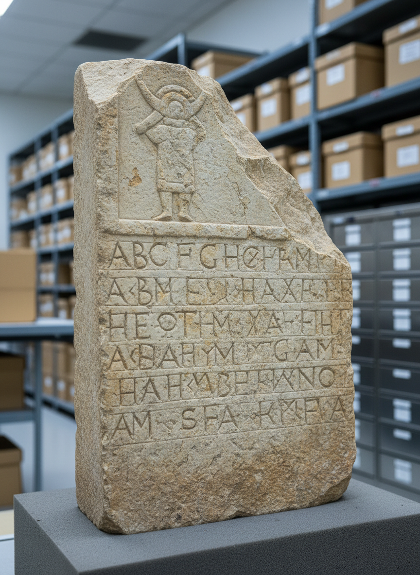 A high-resolution close-up of an ancient West Semitic stone stele fragment, its weathered limestone surface etched with faint, chiselled alphabetic inscriptions and a barely discernible stylized divine symbol near the top. The artifact rests on a neutral-toned archival foam block inside a controlled museum environment, with blurred shelving, acid-free boxes, and labeled drawers in the background. Cool, diffused overhead conservation lighting reveals subtle tool marks and patina variations without harsh glare, creating crisp detail across the inscription. Shot from a slightly oblique angle with the stone filling most of the frame, the photographic realism emphasizes epigraphic features and scholarly examination, evoking a quiet, analytical mood suitable for discussing historical inscriptions and monotheism’s development.