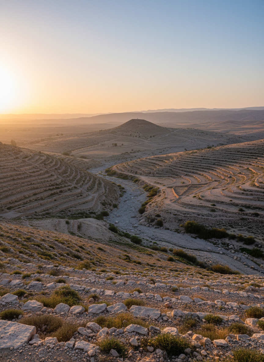 An expansive photographic view of a rugged southern Levantine landscape at sunrise, featuring terraced hillsides, a winding dry wadi, and a distant tell (archaeological mound) rising subtly from the terrain. Sparse, low vegetation clings to pale, rocky soil, while faint stone wall lines hint at ancient settlement patterns. Soft golden morning light grazes the contours of the hills, casting long shadows that emphasize the relief and evoke cosmic geography themes. The sky is clear with a gentle gradient from warm near the horizon to cooler blue above. Captured from an elevated vantage point with wide-angle composition and sharp focus throughout, the image feels serene yet intellectually stimulating, visually supporting discussions of sacred space, pilgrimage routes, and the intersection of landscape and ancient religion.