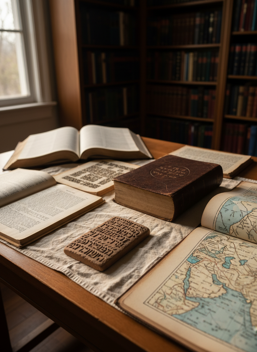 A meticulously arranged wooden study table covered with open facsimile editions of cuneiform tablets, a large Hebrew Bible, and a worn atlas of the ancient Near East, pages filled with maps of the Levant and Mesopotamia. A single clay tablet replica with wedge-shaped inscriptions sits on a linen cloth at the center. Behind, tall bookshelves lined with academic volumes on Second Temple literature and West Semitic religions fade softly out of focus. Late afternoon window light streams in from the left, casting warm, directional illumination that highlights the textures of paper, leather bindings, and clay, with gentle shadows enhancing depth. Photographic realism, eye-level composition with shallow depth of field, creating a contemplative, scholarly atmosphere appropriate for a serious research site.