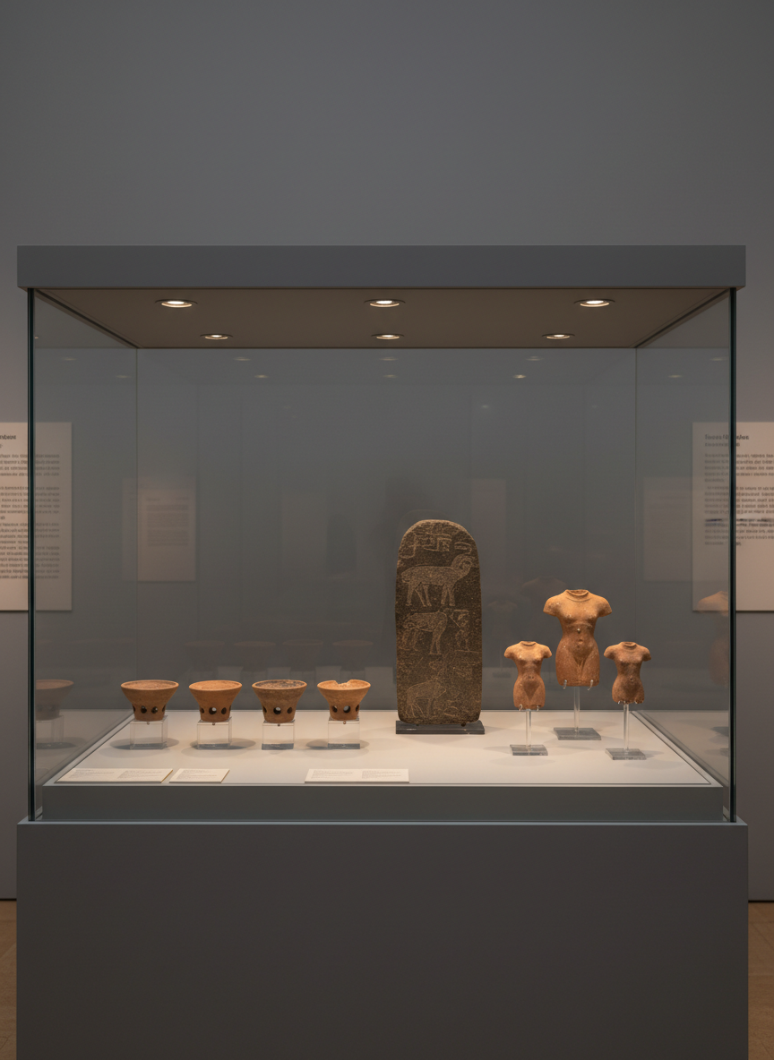 An interior shot of a climate-controlled museum gallery displaying a curated case of ancient Near Eastern cultic artifacts: a row of small clay incense burners, a basalt standing stone with faint iconography, and several terracotta figurative fragments deliberately headless to avoid recognizable human features. Each object rests on discreet acrylic mounts within a glass case. The walls behind are painted in muted, scholarly gray with minimal didactic panels blurred to avoid legible text. Neutral, carefully positioned spotlights within the case create soft highlights and gentle reflections on the glass, bringing out surface details while maintaining an academic, non-commercial mood. Photographic realism, eye-level perspective, and balanced composition underscore the seriousness of research into religious practice and material culture.