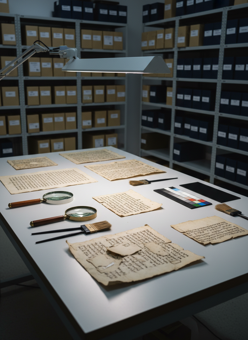 A dimly lit archival room featuring a large, flat conservation table where several high-quality photographs of Qumran-style scroll fragments and Second Temple period manuscripts are carefully laid out. Next to them lie magnifying lenses and soft-bristled brushes, along with a color calibration chart for accurate documentation. Cool, controlled overhead lighting and a focused side lamp create even, neutral illumination with minimal reflections, emphasizing the textures of aged parchment and ink flaking. The background shows blurred metal shelving filled with document cases, maintaining a strictly non-commercial, academic ambiance. Photographic realism, shot from a slightly elevated angle with moderate depth of field, conveys a quiet, methodical atmosphere ideal for scholarship on apocalyptic literature and textual traditions without including any human figures.
