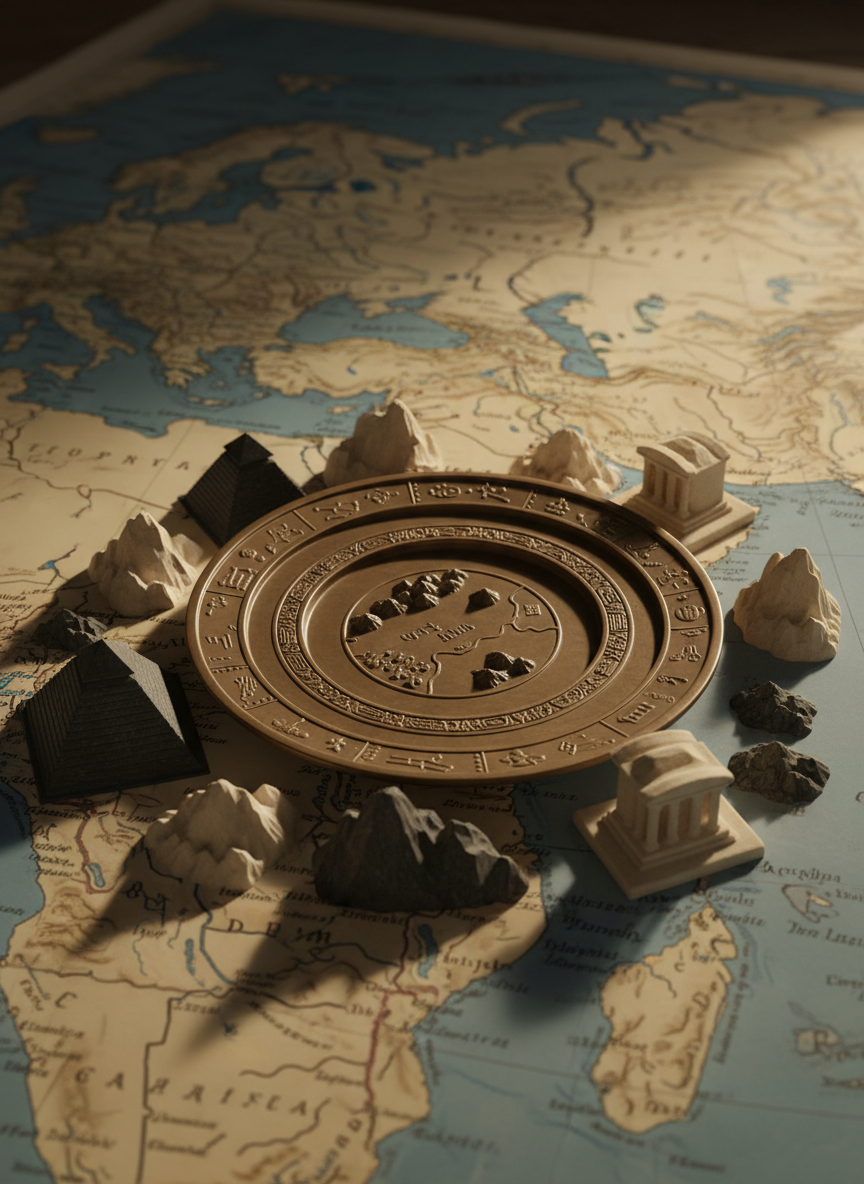 A meticulously staged tabletop scene illustrating cosmic geography in ancient Near Eastern thought: a circular bronze dish engraved with concentric rings representing heavens, earth, and underworld, placed at the center. Around it are arranged small stone models of ziggurats, miniature temple mounts, and stylized mountain forms carved from basalt and limestone. A large, unfolded map of the eastern Mediterranean and Near East, printed in muted sepia tones, serves as the background surface. Warm, directional desk-lamp light from the upper right produces pronounced but soft-edged shadows, accentuating relief on the metal and stone surfaces. Photographic realism with a slightly elevated, three-quarter angle and shallow depth of field creates a focused, meditative mood, visually supporting exploration of Afro-Asiatic cosmology and sacred geographies.